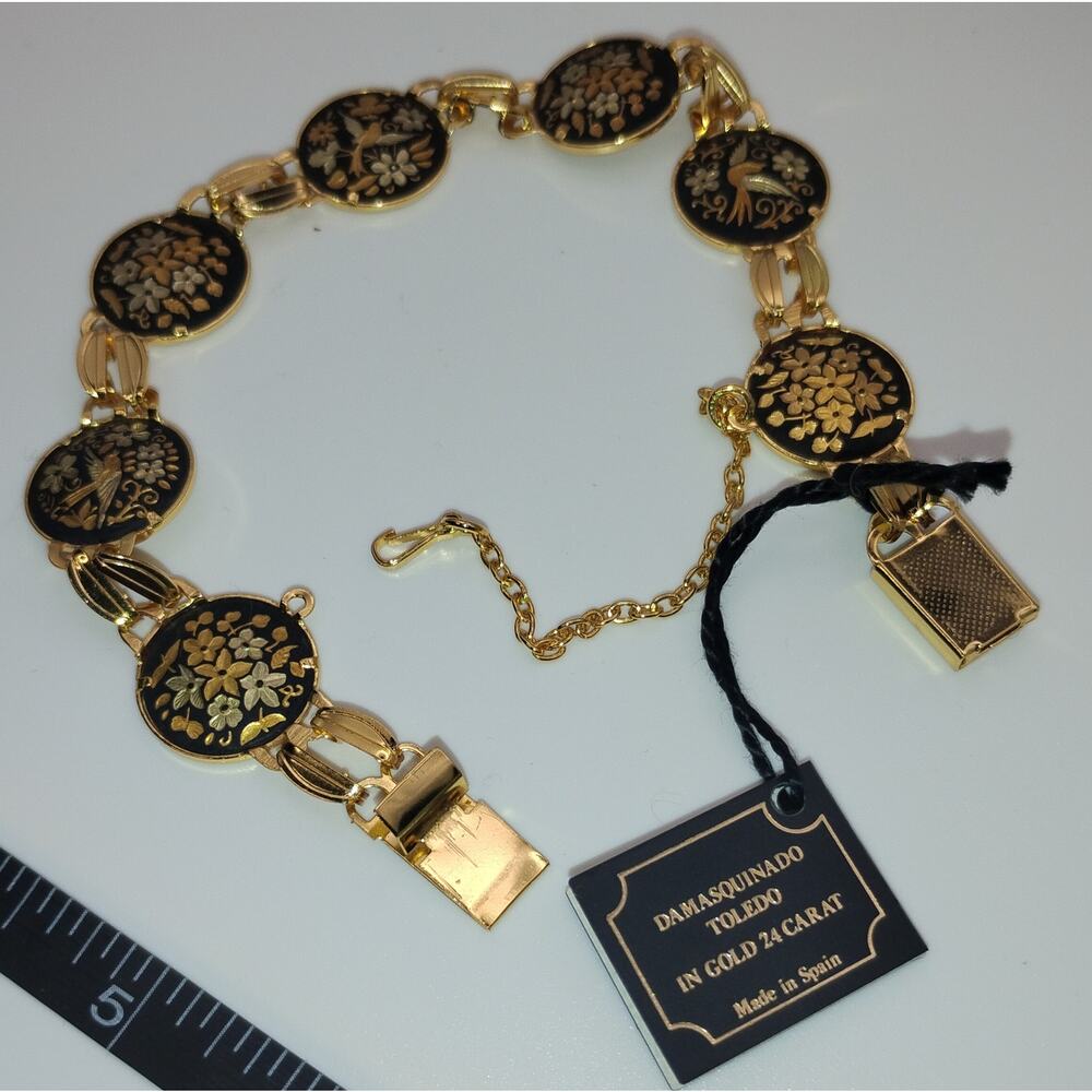 Vintage 70s–80s Toledo Spain Damascene bracelet, 24K gold inlay, original tags